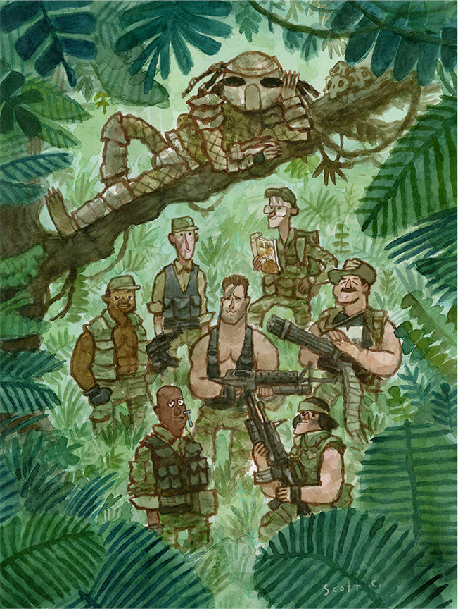 Seven armed soldiers stand in a dense jungle clearing, unaware of a camouflaged figure in a mask perched above them on a branch. Large green leaves frame this Jungle Moments scene in Scott C.s distinctive watercolor style.
