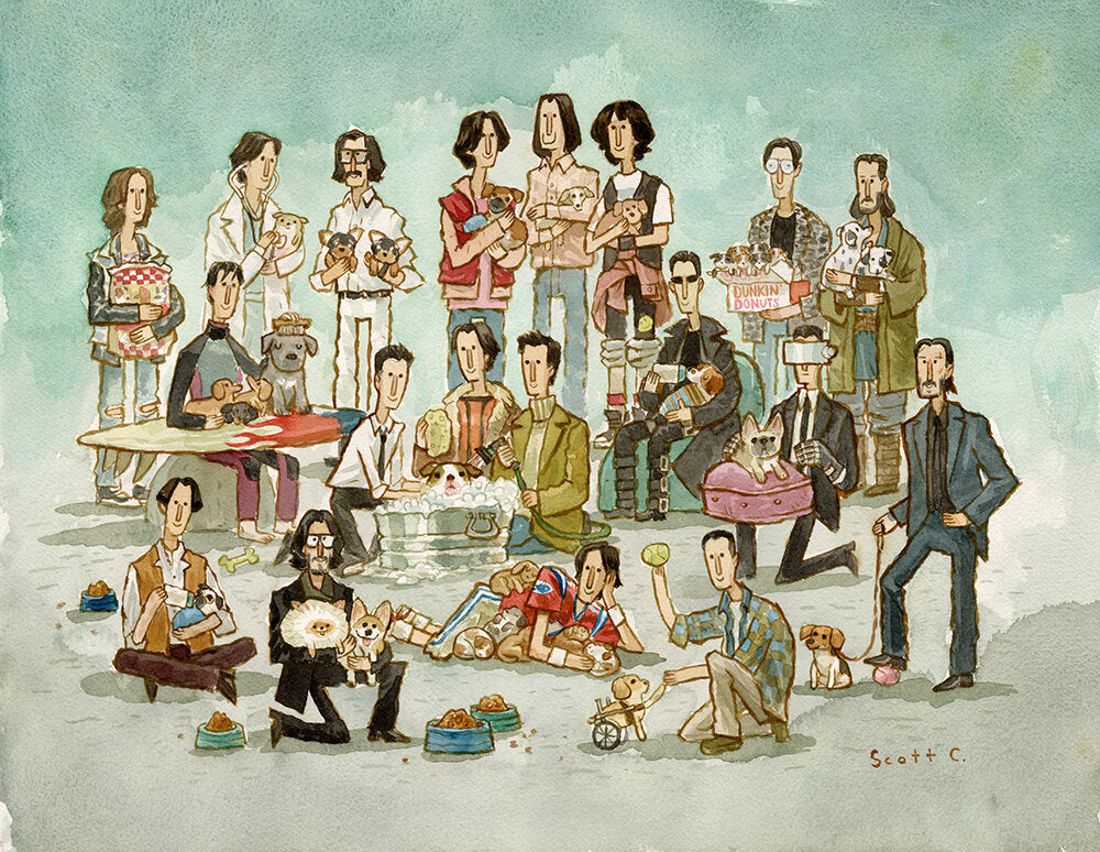 A whimsical Scott C. illustration shows cheerful people in playful poses with their pets, surrounded by scattered food bowls and pet toys.