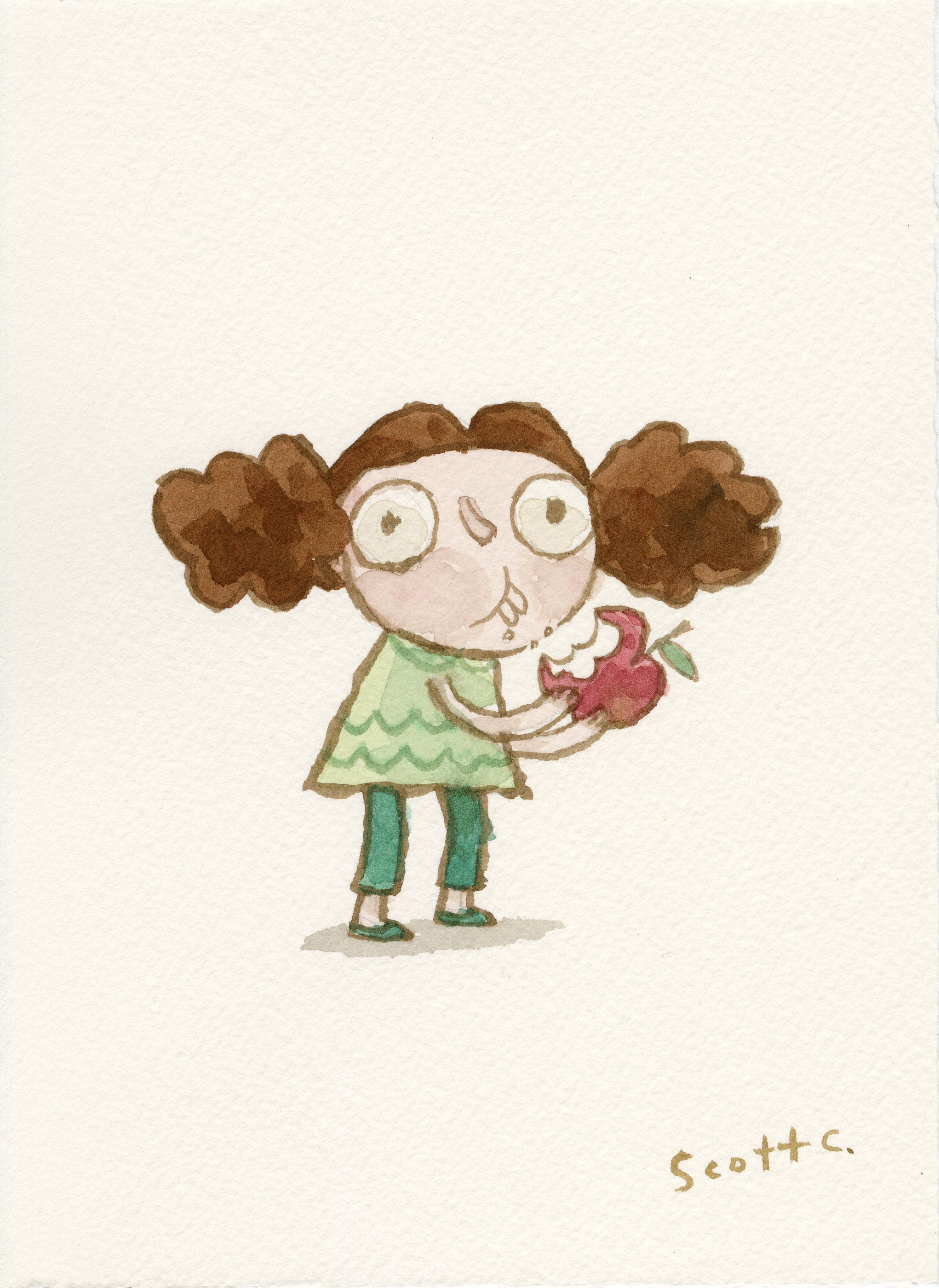 A cartoon girl with big eyes and pigtails holds a bitten red apple, lost in thought. This Scott C. watercolor shows her in a green zigzag shirt and teal pants—maybe she’s a Girl Thinking About Skulls.