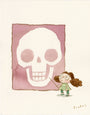 A cartoon girl with pigtails, wearing green, points curiously at a large white skull on a purple background. Inspired by Scott C., this whimsical scene evokes the playful style of his Skull Lesson watercolor art.