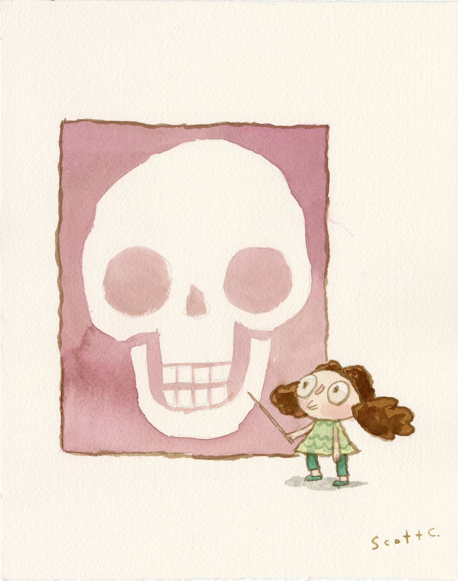A cartoon girl with pigtails, wearing green, points curiously at a large white skull on a purple background. Inspired by Scott C., this whimsical scene evokes the playful style of his Skull Lesson watercolor art.