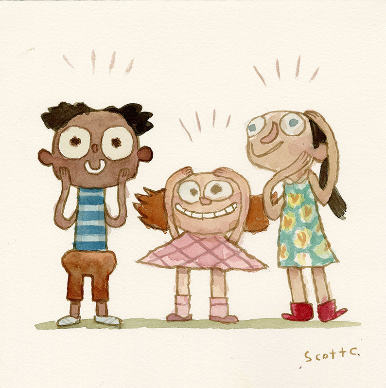 Three excited children stand side by side, smiling with hands on their faces in a watercolor style by Scott C. Lines above their heads suggest excitement as the kids enjoy a fun moment together.