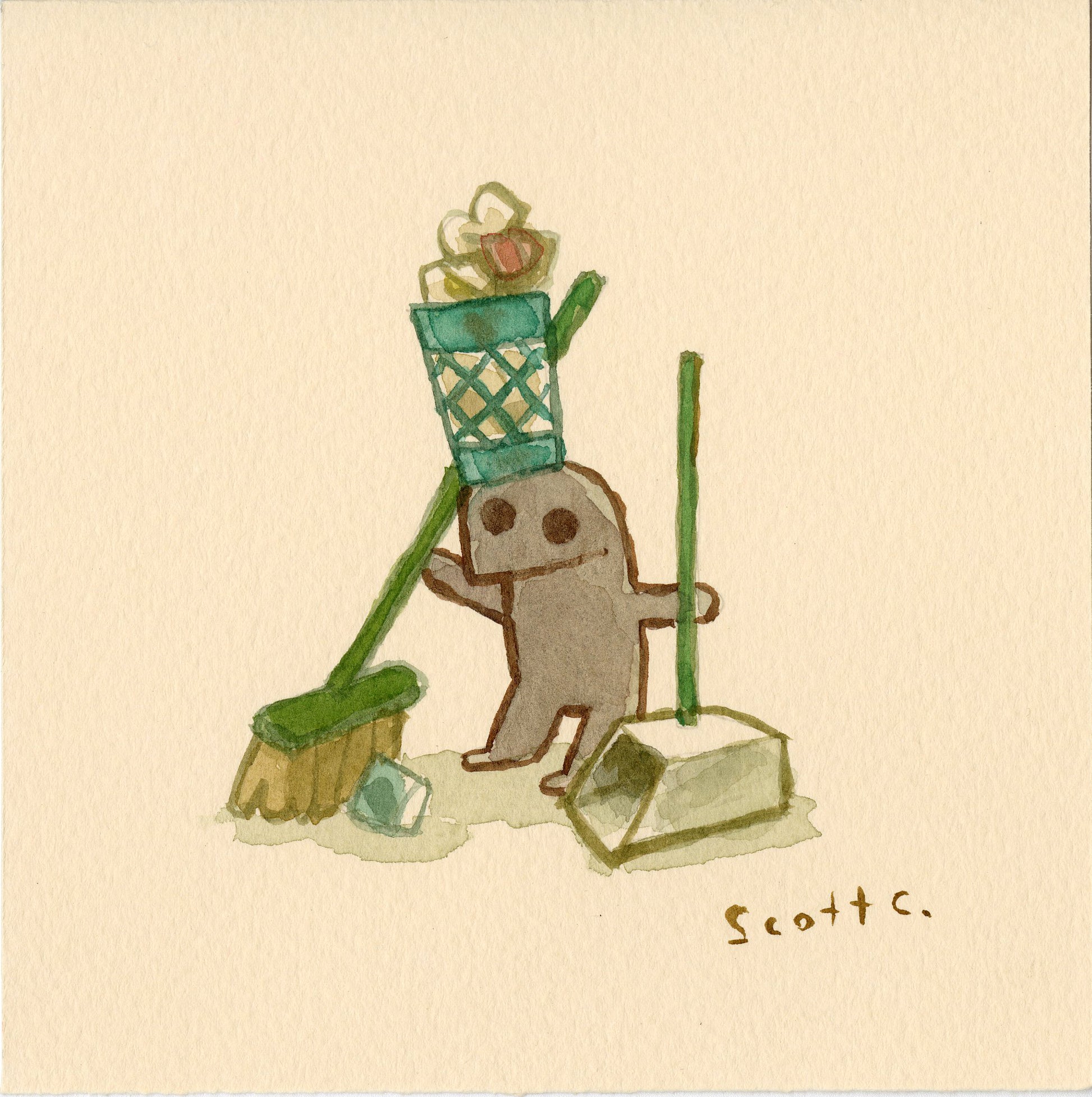 A cute, grey cartoon character named Trash Can Head balances an overflowing bin on its head, holding a broom and dustpan. The Scott C. brand name appears in the bottom right corner.