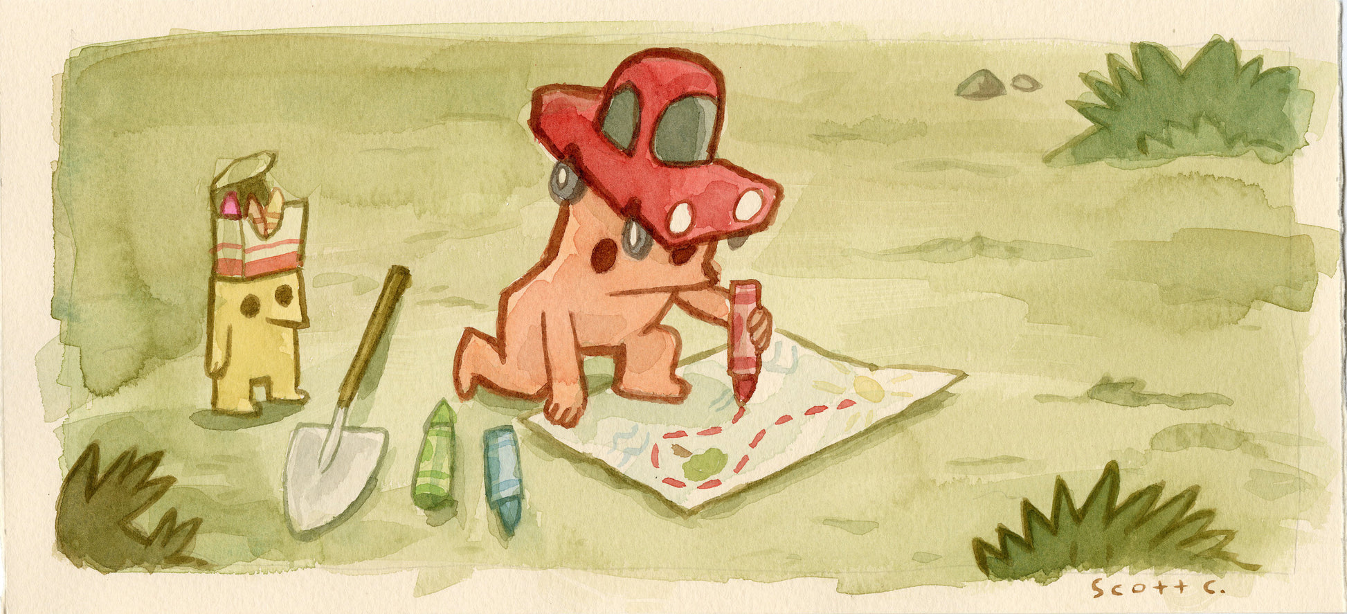A cartoon creature named Automobile Head, donning a red toy spaceship, draws a dotted line with a crayon. Nearby, Cabin Head in a crown stands among crayons and a shovel outdoors. Inspired by the whimsical style of Scott C.