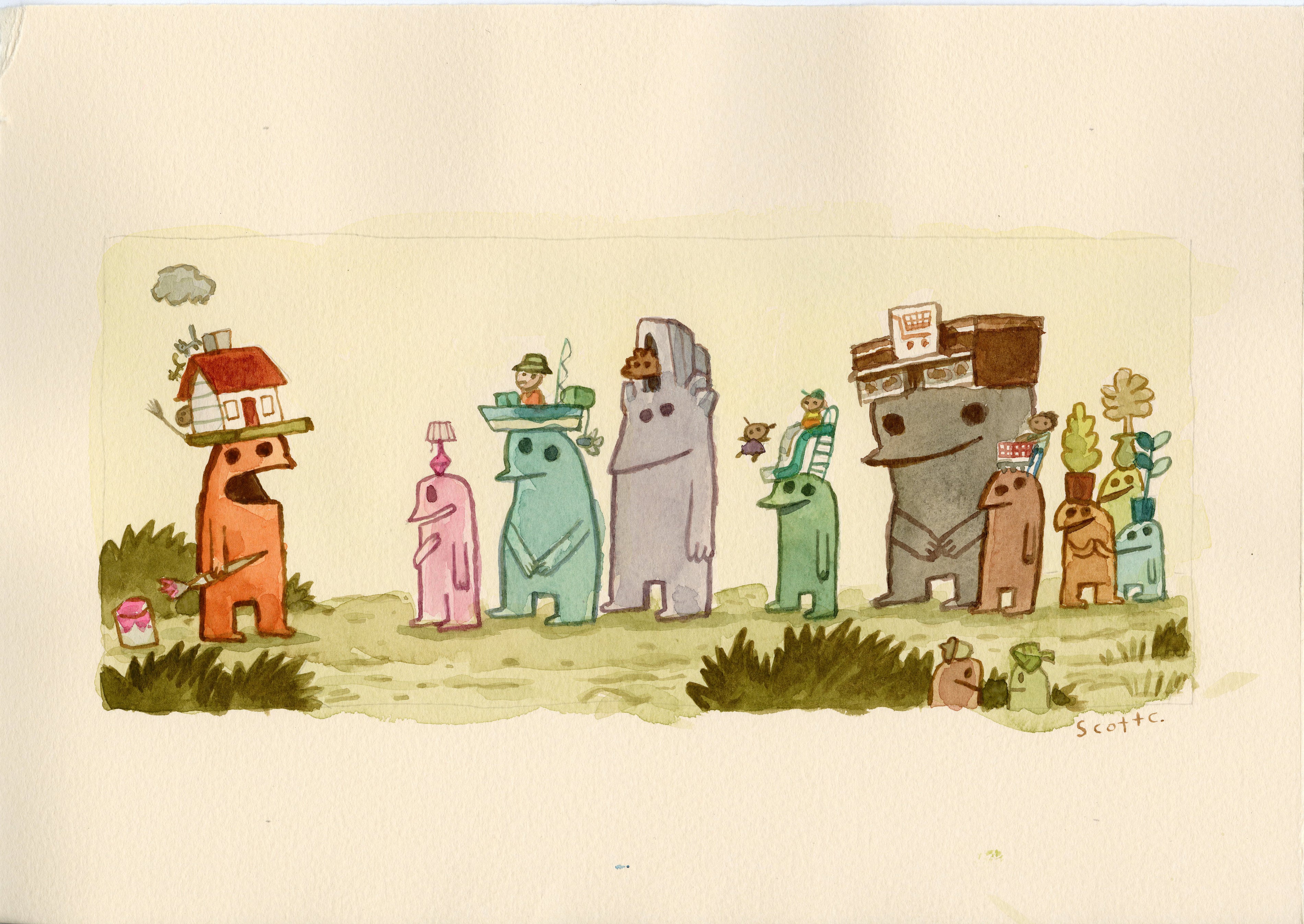 Whimsical watercolor on paper by Scott C., featuring colorful creature-like figures on grass, playfully balancing objects such as Cabin Head, cups, and plants atop their heads as they face each other.