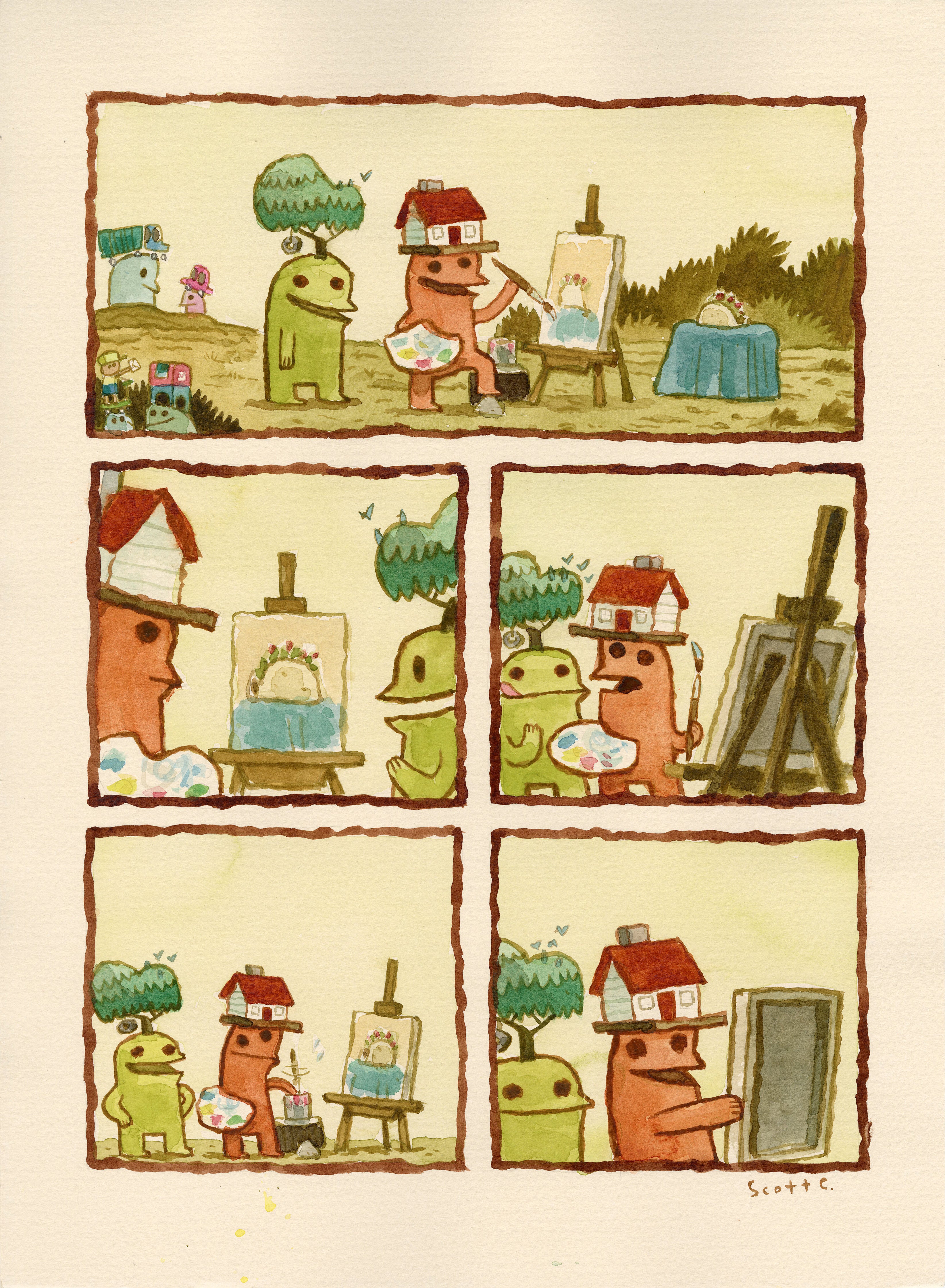 A five-panel Scott C. comic shows two creatures painting: one makes a detailed portrait, the other a gray scribble. Both gaze at each others art in surprise and confusion, capturing classic Scott C. style.