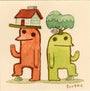 A Scott C. watercolor illustration shows two friendly, cartoonish creatures—an orange one with a house on its head and a green one with a tree—standing upright and waving in whimsical, graphic novel style.