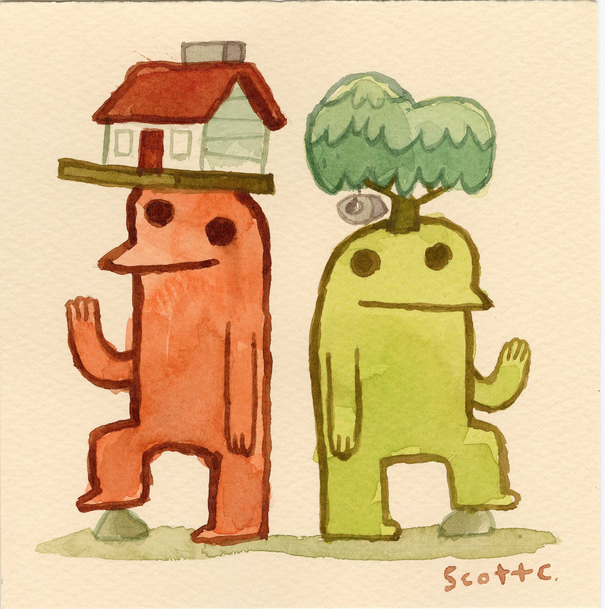 A Scott C. watercolor illustration shows two friendly, cartoonish creatures—an orange one with a house on its head and a green one with a tree—standing upright and waving in whimsical, graphic novel style.
