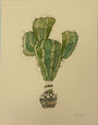 A watercolor on paper by Scott C., Desert Floats: Stripely depicts a cactus hot air balloon with two wide-eyed characters in the basket, green segments, and visible spines.
