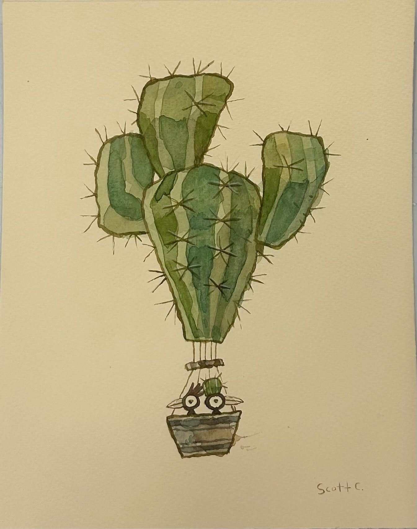 A watercolor on paper by Scott C., Desert Floats: Stripely depicts a cactus hot air balloon with two wide-eyed characters in the basket, green segments, and visible spines.