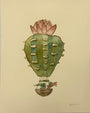 Scott C.s whimsical watercolor Desert Floats features a hot air balloon shaped like a green cactus with a pink flower, two birds in the basket, and the artists signature in the lower right corner.