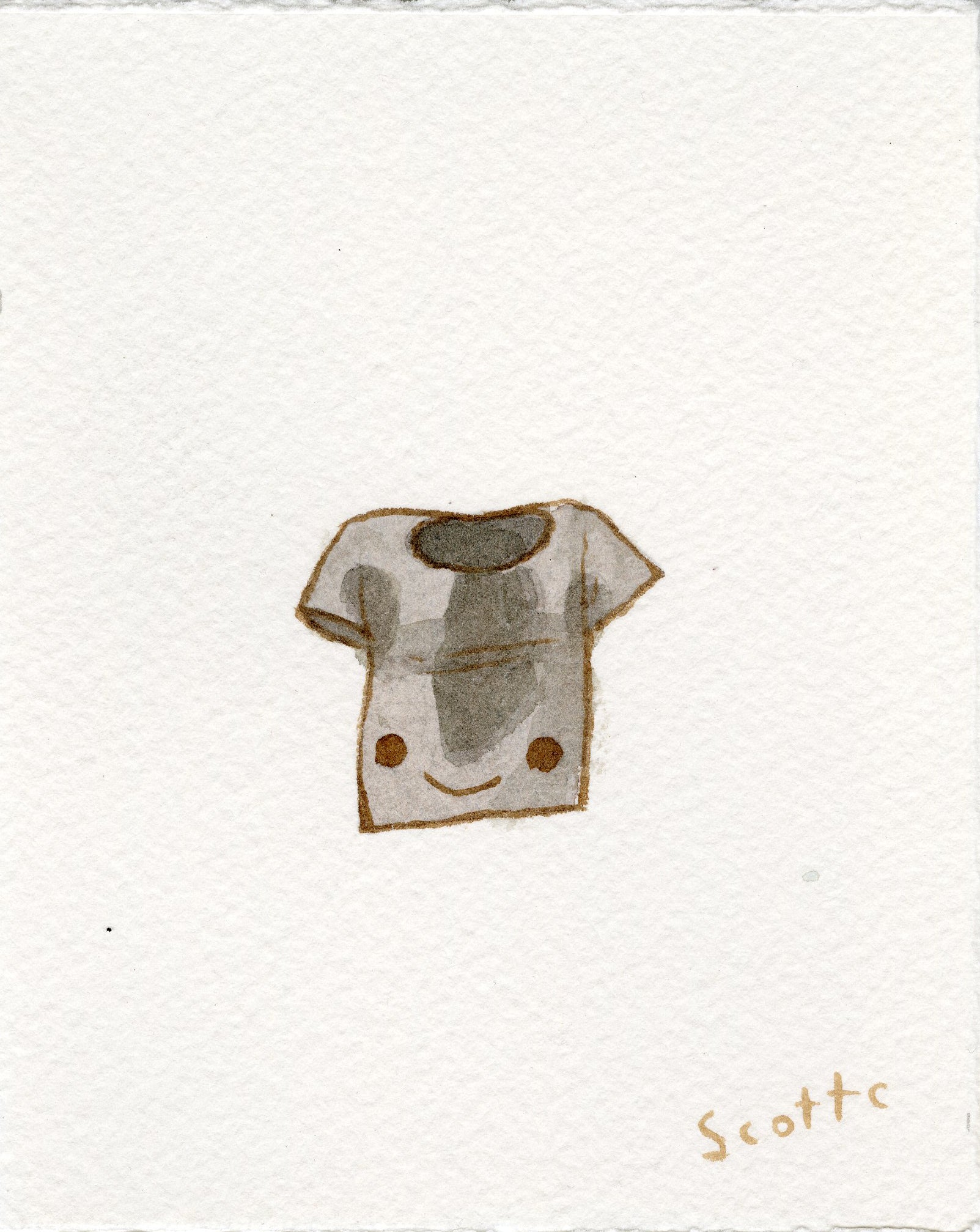 A simple watercolor on paper by Scott C. shows a gray t-shirt with a smiling face and rosy cheeks, signed Scottc in the bottom right corner on a plain white background.