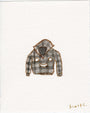 A small watercolor on paper by Scott C., depicting a black and gray plaid button-up shirt with a collar and simple smiley face on the torso, signed Scott C. in the bottom right corner.