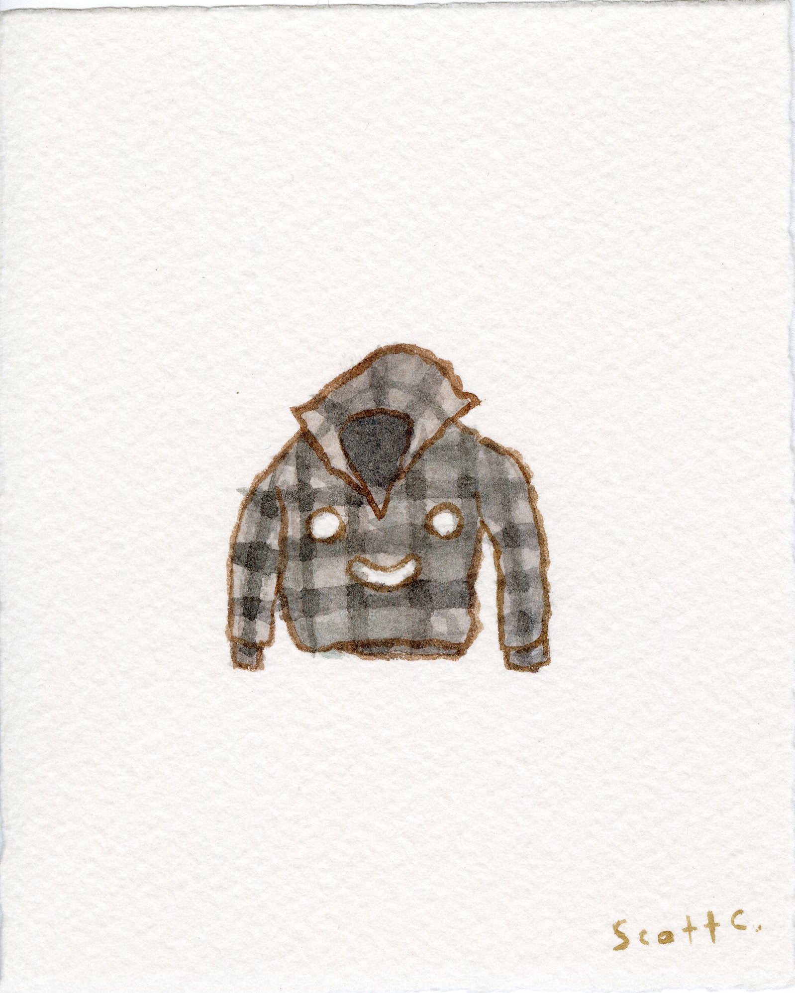 A small watercolor on paper by Scott C., depicting a black and gray plaid button-up shirt with a collar and simple smiley face on the torso, signed Scott C. in the bottom right corner.