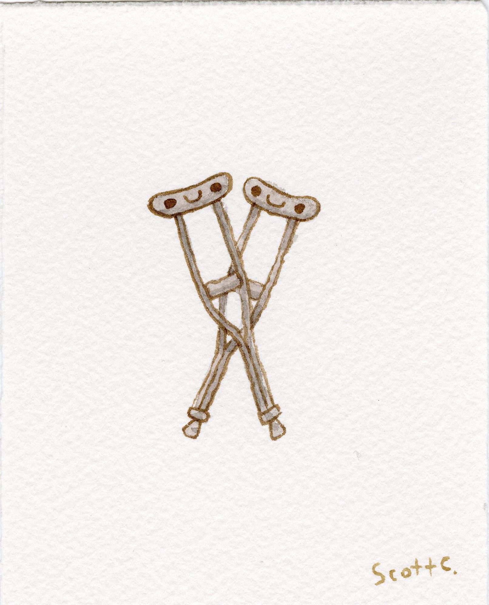 Two illustrated crutches with smiling faces lean together and cross on a white background, resembling a quirky Double Indemnity. This charming watercolor by Scott C. is signed in the bottom right corner.
