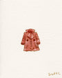 This small Scott C. watercolor on paper depicts a brownish-pink coat with buttons and collar, centered on a textured off-white background, and features the artist’s signature in the lower right corner.