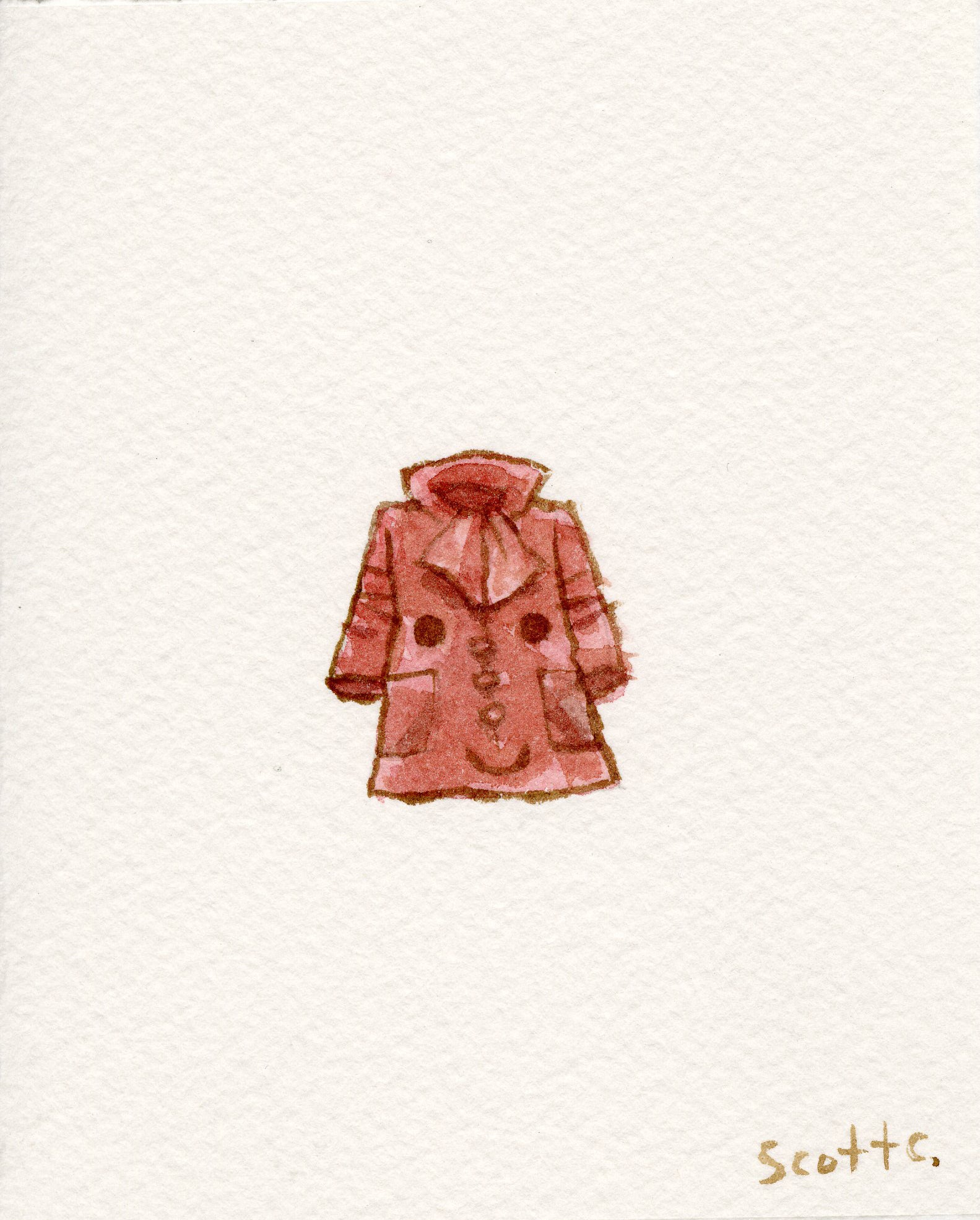 This small Scott C. watercolor on paper depicts a brownish-pink coat with buttons and collar, centered on a textured off-white background, and features the artist’s signature in the lower right corner.