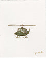 A whimsical watercolor illustration of a green helicopter with a smiling face on white textured paper, signed by Scott C. in the lower right corner. Inspired by iconic helicopters from Apocalypse Now. Brand: Scott C.