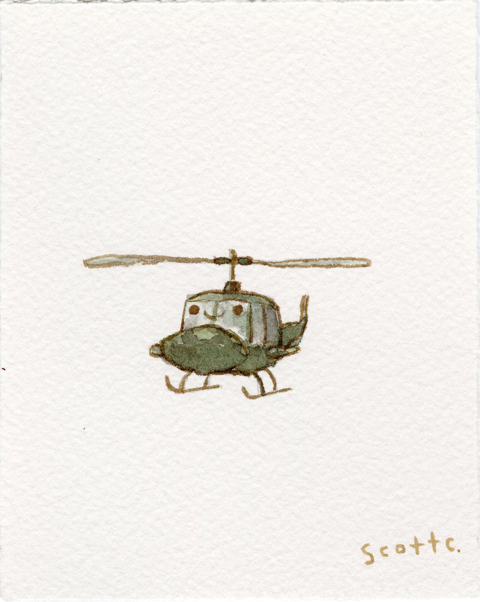 A whimsical watercolor illustration of a green helicopter with a smiling face on white textured paper, signed by Scott C. in the lower right corner. Inspired by iconic helicopters from Apocalypse Now. Brand: Scott C.