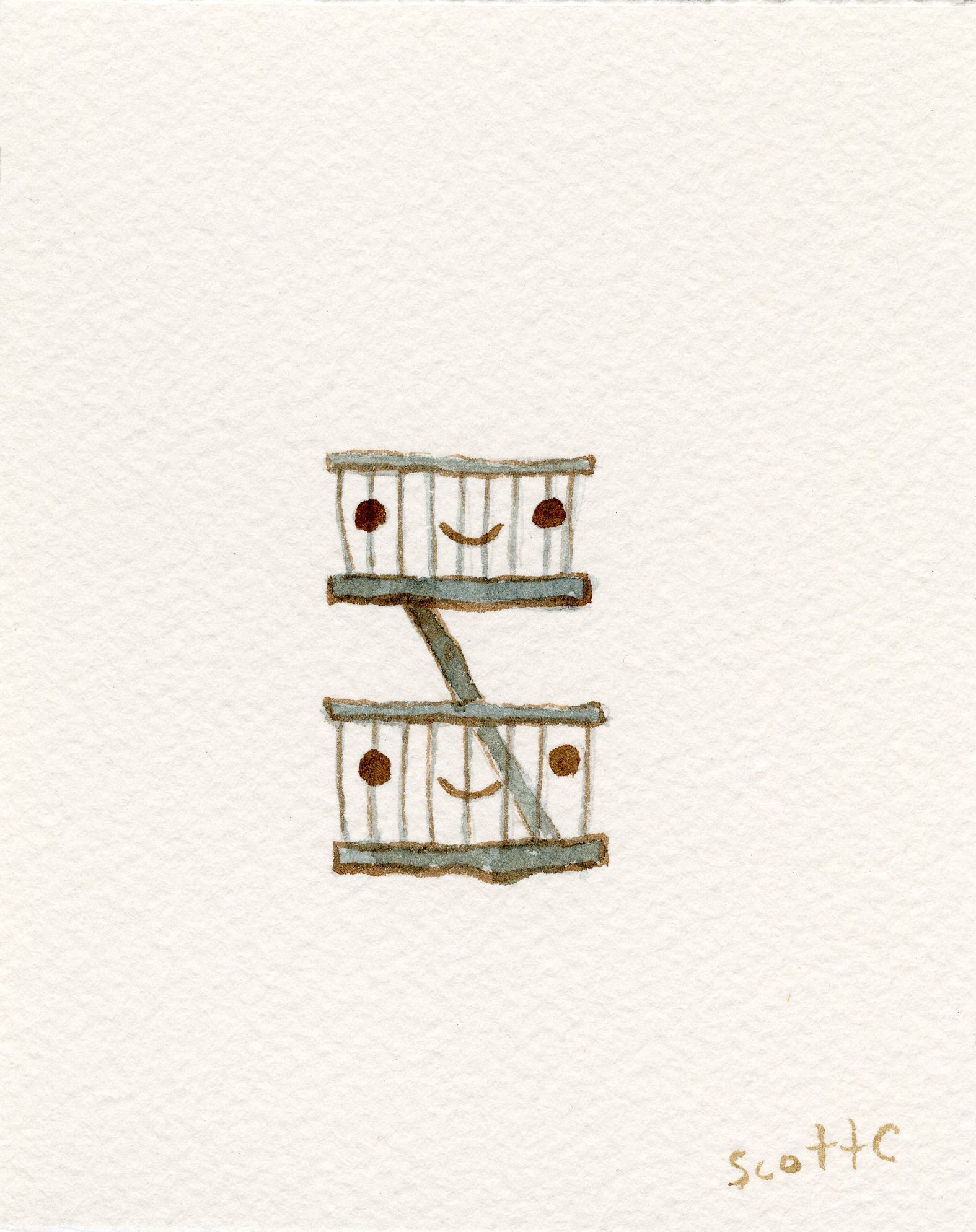 A simple watercolor by Scott C. shows two smiling bunk beds stacked with a green ladder between them on plain white paper; “scottc” is signed in the bottom right corner.