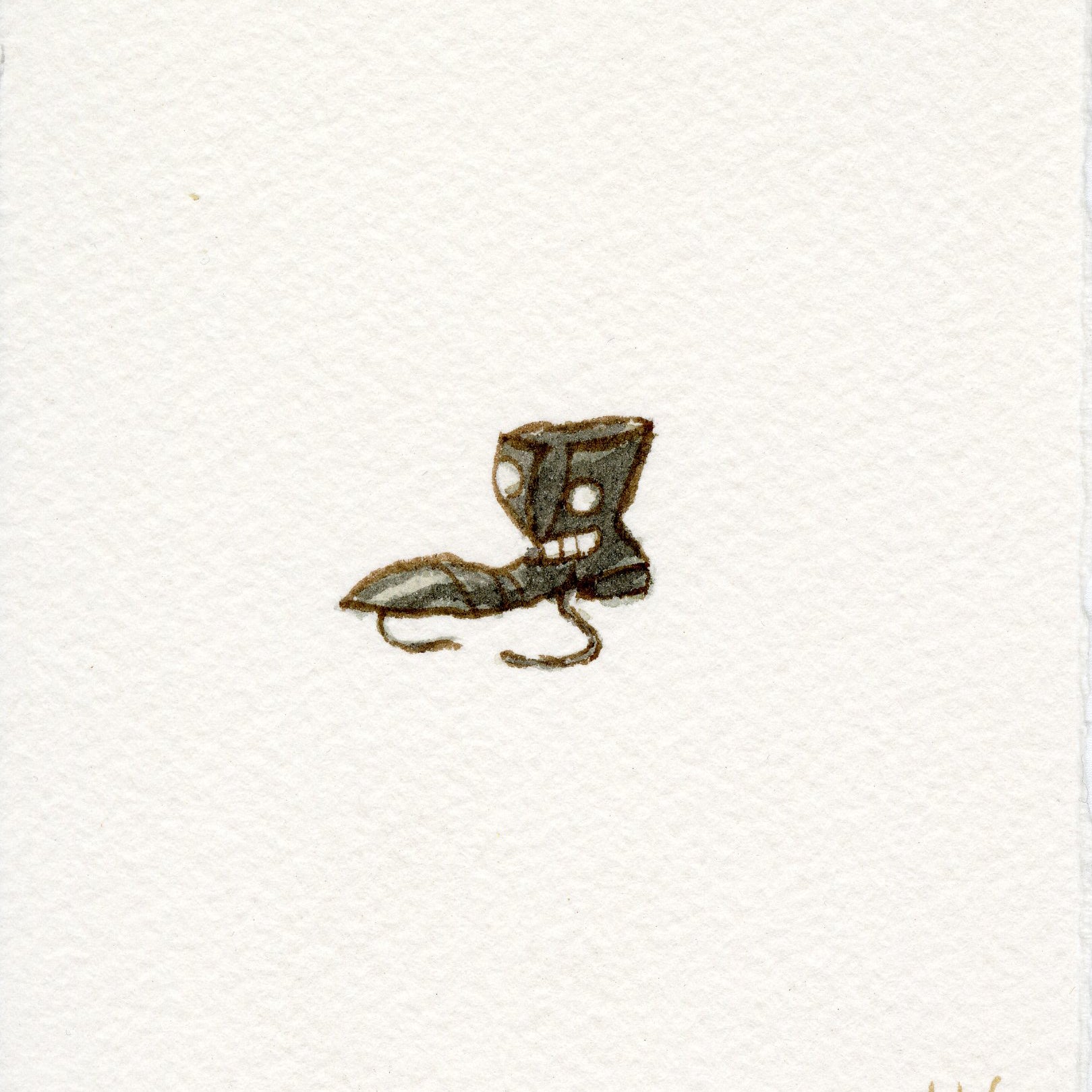 A small, detailed watercolor of a single gray boot with untied laces—Gold Rush-inspired—is centered on white textured paper. The Scott C. signature appears in the lower right corner.