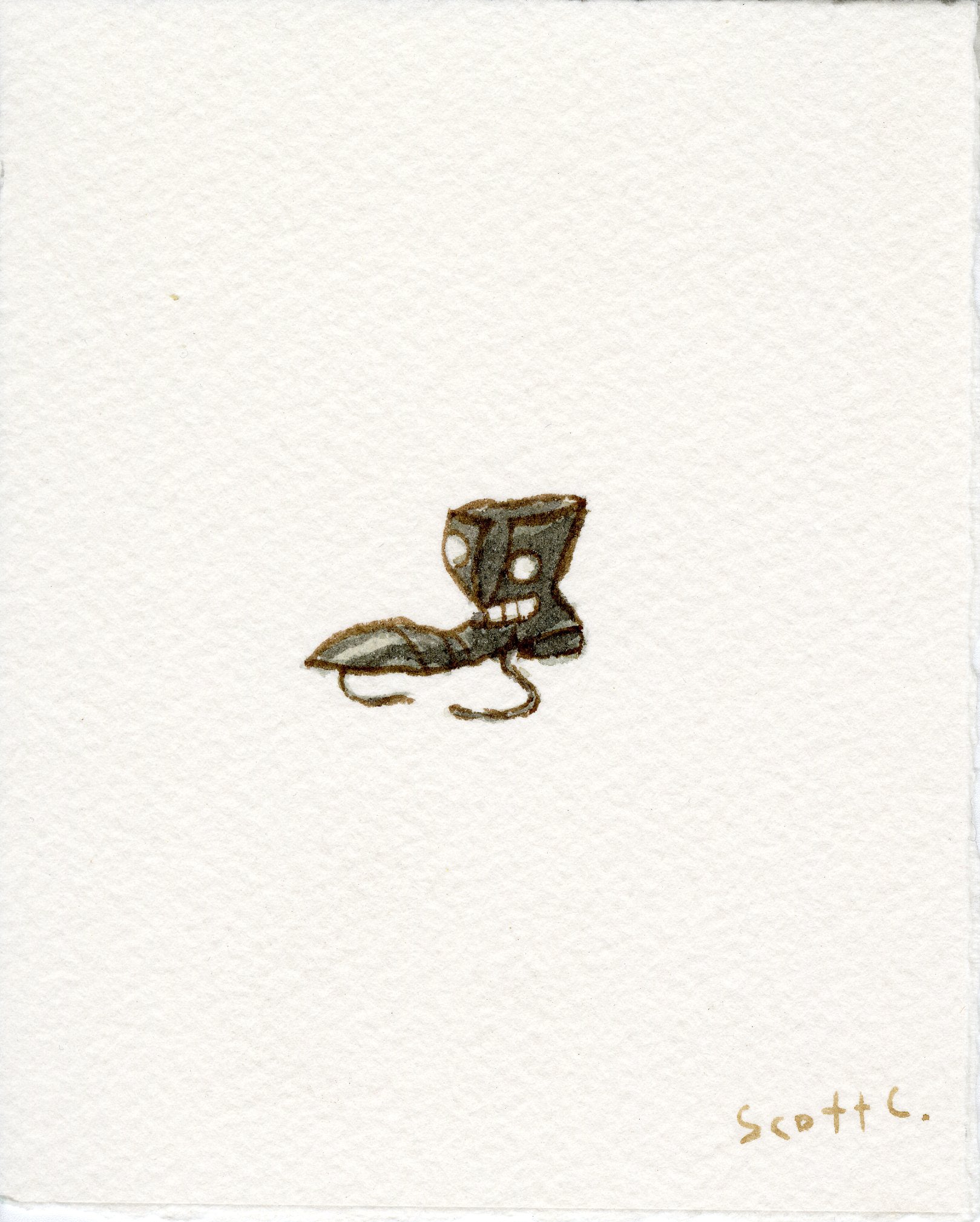 A small, detailed watercolor of a single gray boot with untied laces—Gold Rush-inspired—is centered on white textured paper. The Scott C. signature appears in the lower right corner.