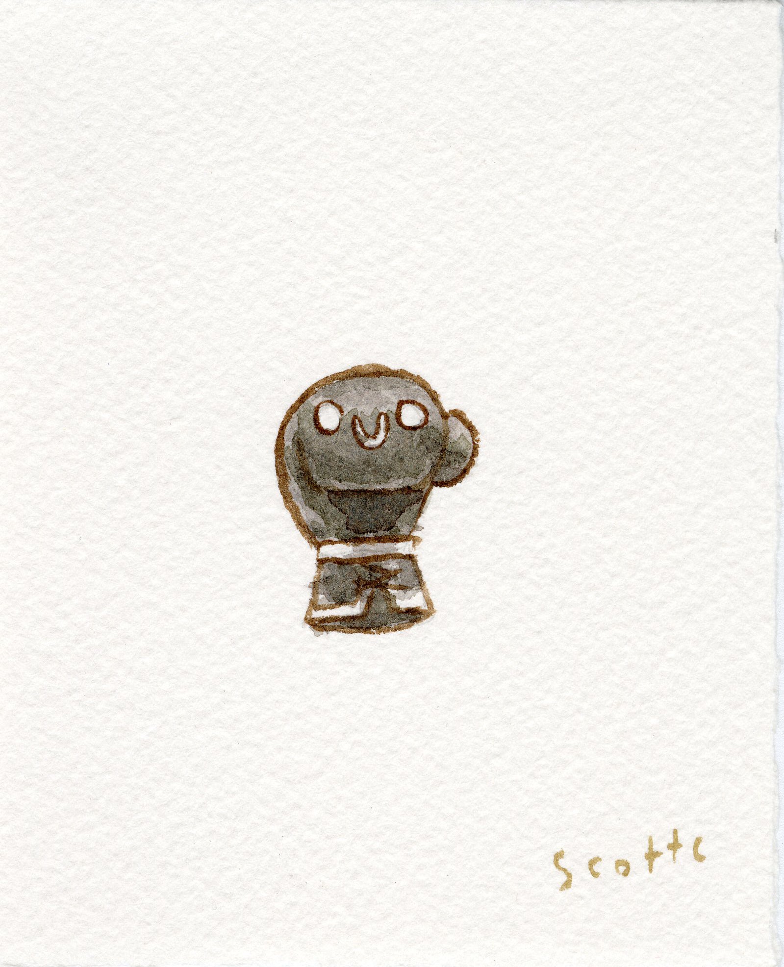 A small, simple watercolor by Scott C. shows a round, smiling black figure with white eyes and shorts centered on white paper—a charming, playful piece from the artist behind the Raging Bull series.