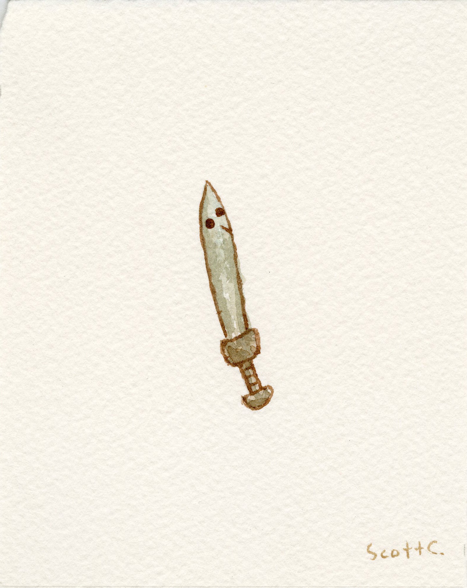 A simple watercolor illustration by Scott C. depicts a short sword with a brown hilt and gray blade, adorned with two small black dots and a line forming a face, inspired by Spartacus. The artist’s signature appears in the lower right corner.