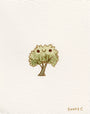 A simple watercolor illustration on paper of a green tree with a smiling face and rosy cheeks, centered on a plain white background. Signed by the artist in the bottom right corner. Brand: Scott C.