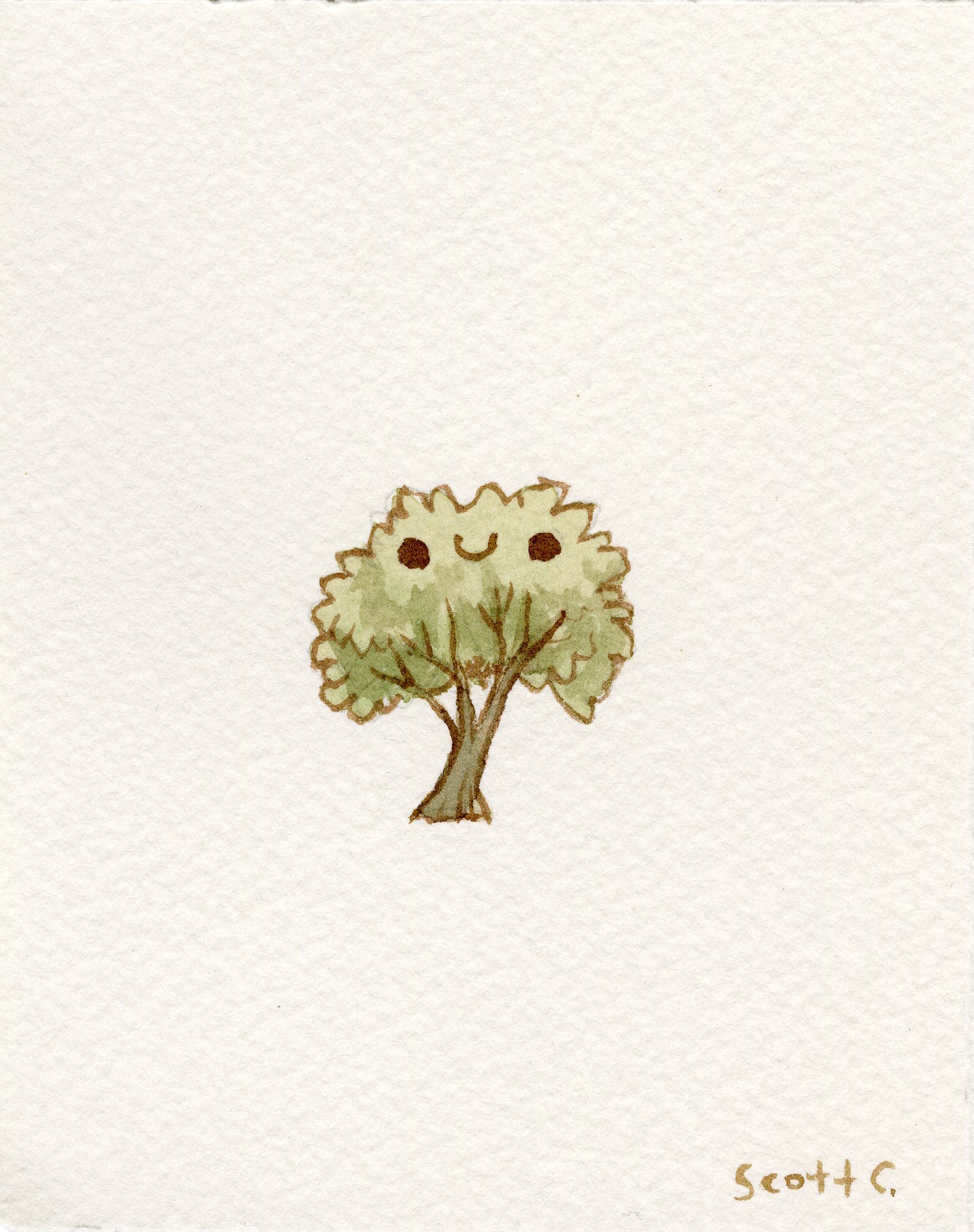 A simple watercolor illustration on paper of a green tree with a smiling face and rosy cheeks, centered on a plain white background. Signed by the artist in the bottom right corner. Brand: Scott C.