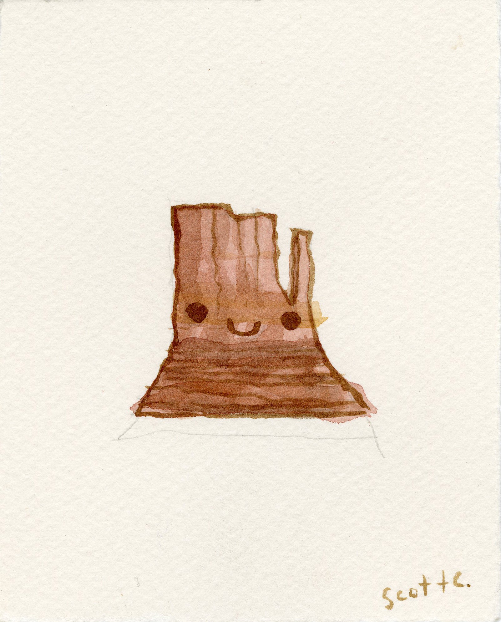 A Scott C. watercolor painting shows a tree stump with a smiling face and round eyes on a plain background, with the artists signature in the bottom right corner.