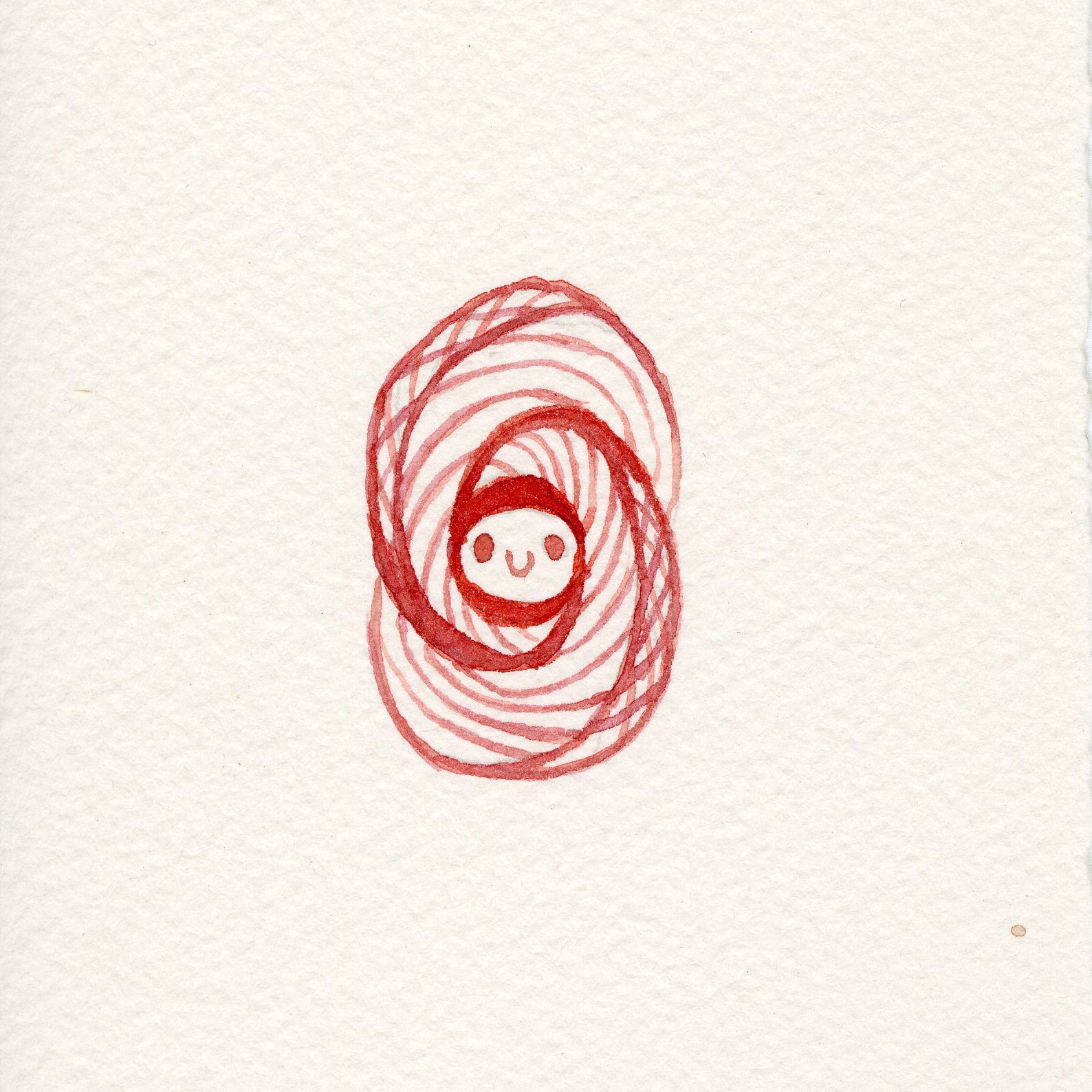 A small, smiling face is surrounded by overlapping red spiral lines in a vertigo-inspired abstract oval on a textured off-white background. The brand name, Scott C., appears in gold at the bottom right corner.