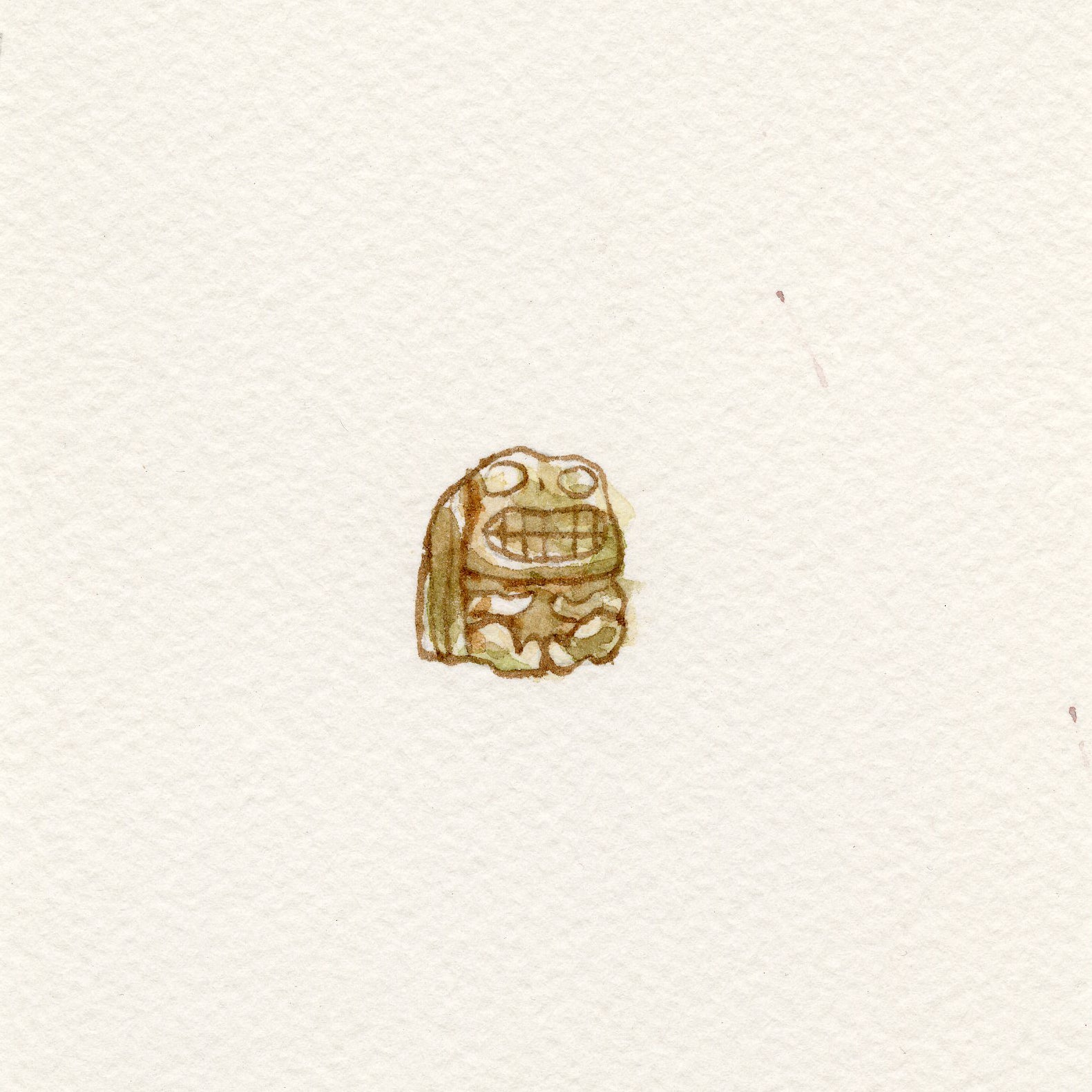 A whimsical small watercolor on paper shows a smiling stone frog with exaggerated features, centered on an off-white background. The artwork is by Scott C., with his brand name handwritten in the lower right corner.