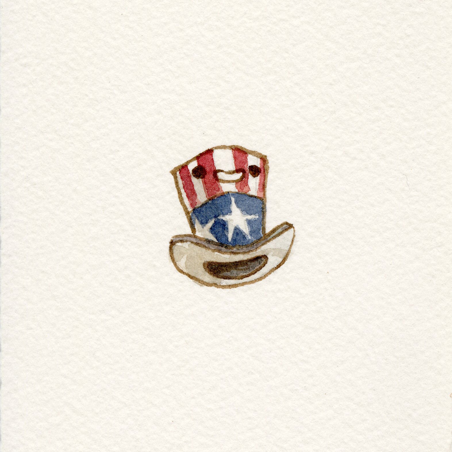 A small Scott C. watercolor painting features a red and white striped hat with a blue band and white star, plus a beige brim, centered on white. The artist’s signature appears in the bottom right corner.