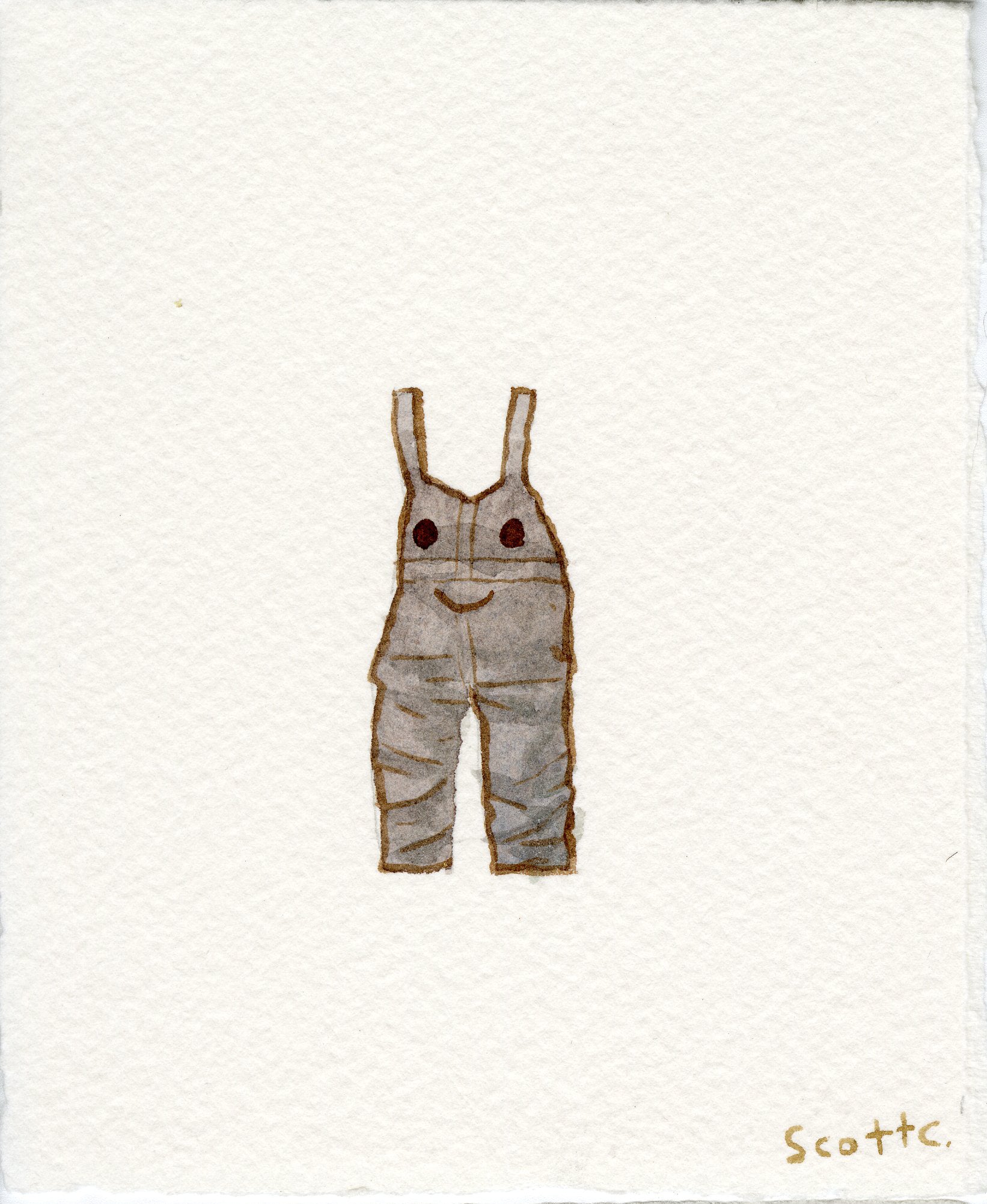 Watercolor painting by Scott C. of gray overalls with a smiling face on the chest, inspired by The Grapes Of Wrath. Created on textured white paper, its signed “Scottc” in the bottom right corner. Brand: Scott C.