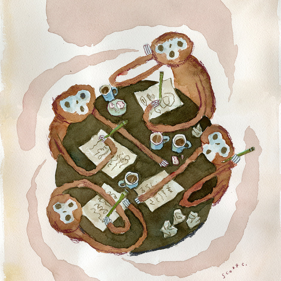 Four monkeys gather in a lively Writer’s Room by Scott C., each with a pencil and paper. Their long tails curl among watercolor and colored pencil sketches, while mugs, crumpled papers, and art supplies fill the scene.