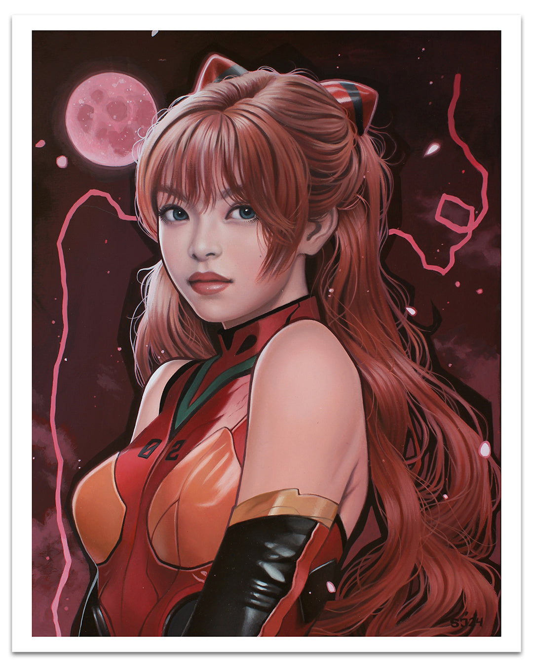 Anime-style illustration featuring a long red-haired character in a futuristic outfit set against a pink celestial background with a prominent moon. This limited edition Sarah Joncas piece captures the characters confident gaze in exquisite detail.