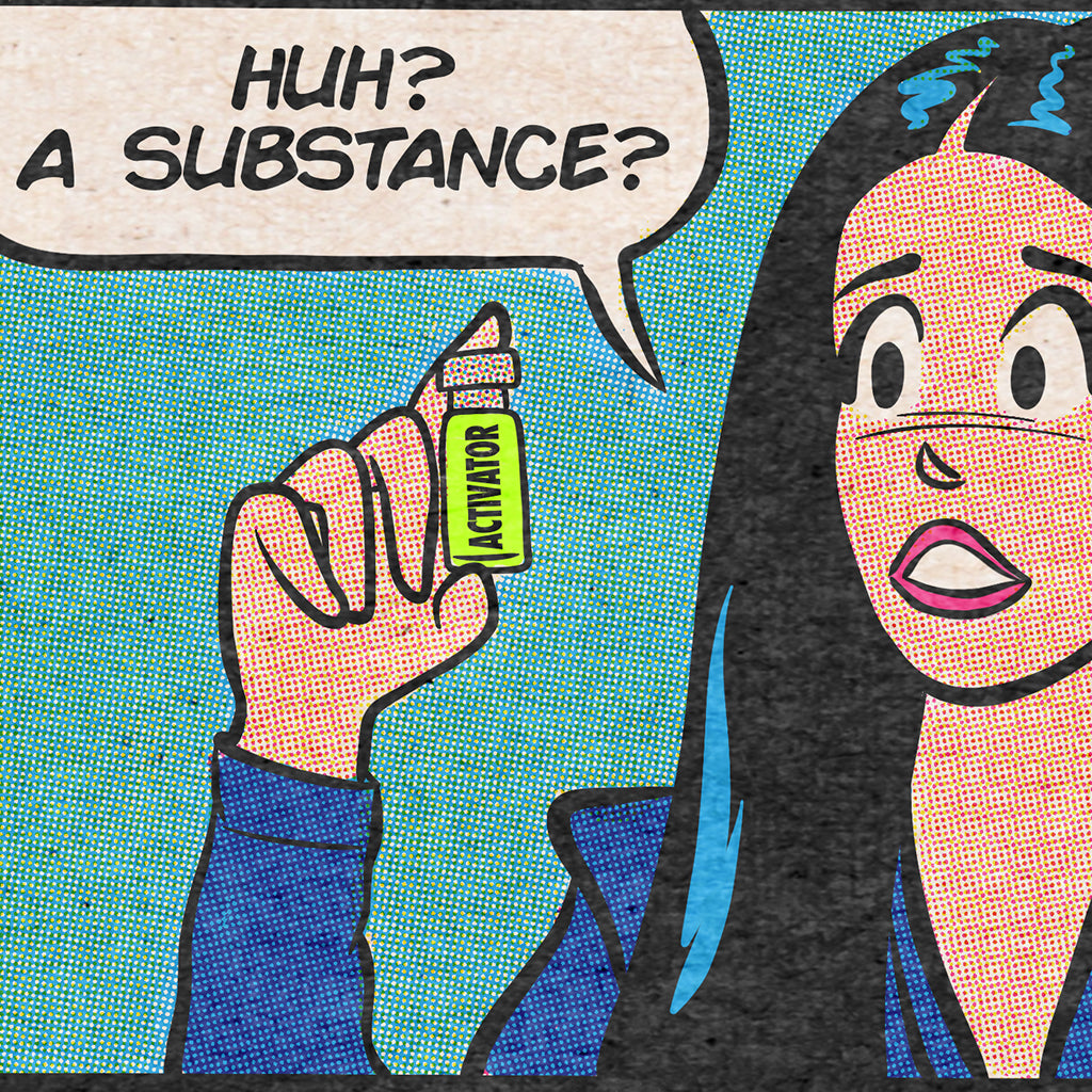 In vintage comic style, a surprised long-haired woman spots a small Activator container in Sarah Sumerays archival pigment print. Against a dotted blue backdrop, she exclaims, Huh? A substance?—capturing the unique charm of This Is Fun, Isnt Its art.