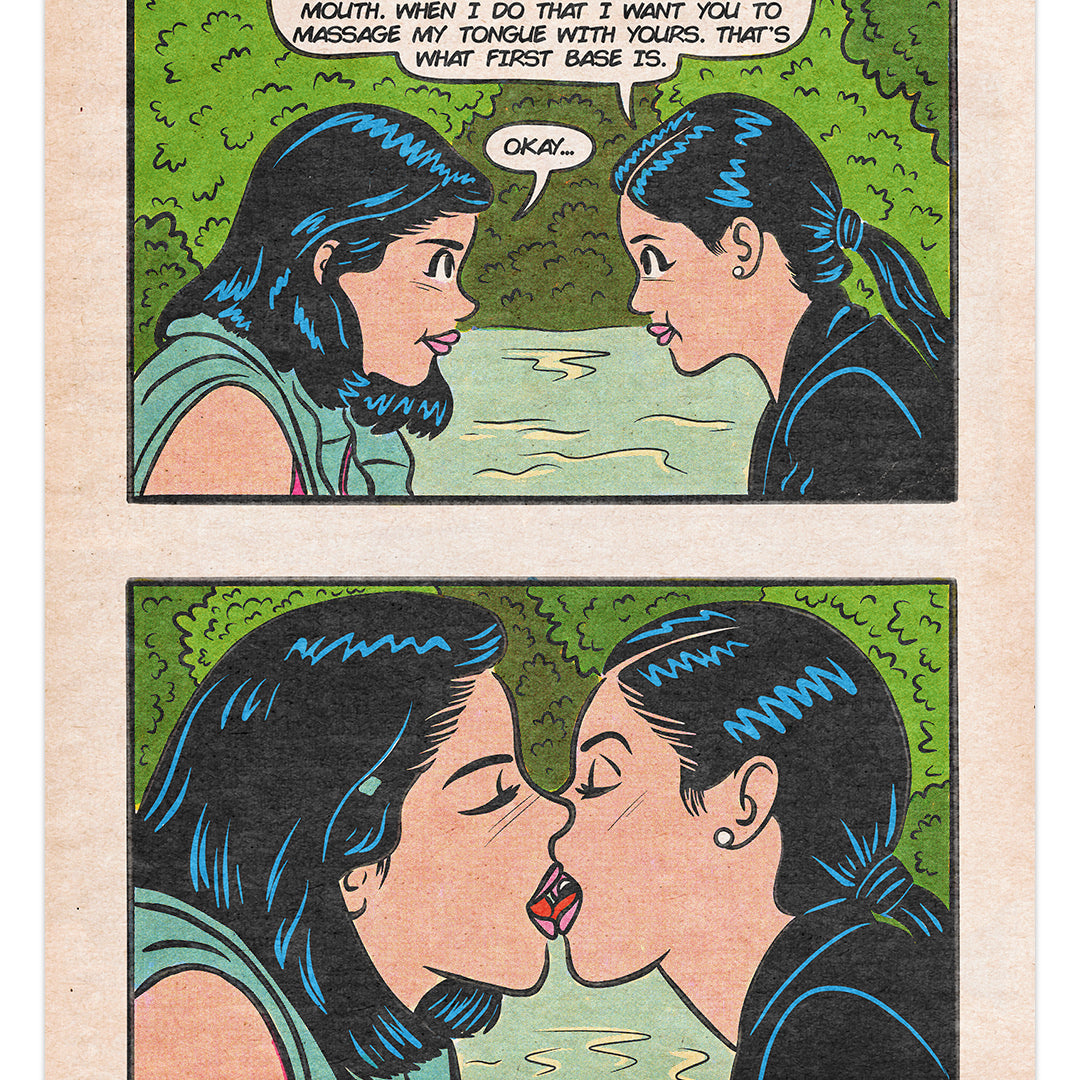 In an open edition comic strip by Sarah Sumeray, This Is Fun, Isnt It, two women are shown on an archival pigment print against a green backdrop. In the first retro-style panel, one explains how to kiss with text bubbles; in the second, they share a kiss with closed eyes.