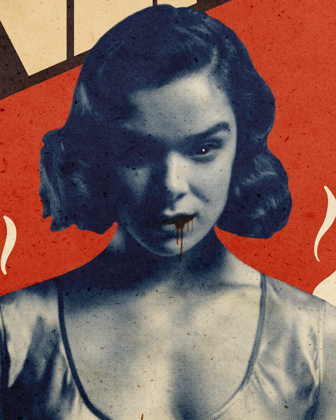 A woman in vintage-style blue hues with blood on her lips stands before a red and beige graphic background. This Is Fun, Isnt It archival pigment print evokes retro horror or vampire themes.