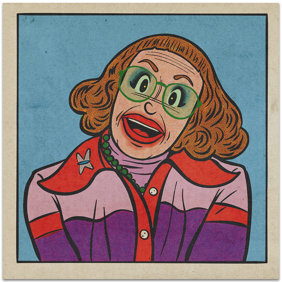 A 12 x 12 art print by This Is Fun, Isnt It featuring a smiling person with shoulder-length brown hair, green glasses, bold makeup, and a butterfly pin on a purple and pink shirt against a blue background.
