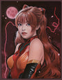 This illustration by Sarah Joncas showcases an anime-style character resembling Asuka, with long reddish-brown hair and a striking red-orange futuristic outfit. She gazes forward against a dark celestial background lit by a glowing pink moon, capturing the vivid detail of an oil and acrylic painting.