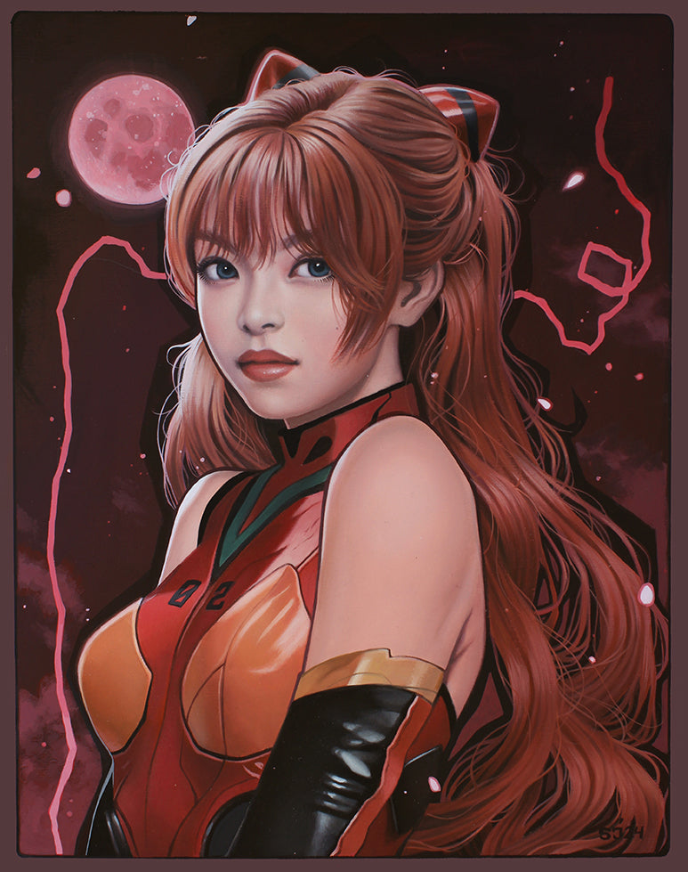 This illustration by Sarah Joncas showcases an anime-style character resembling Asuka, with long reddish-brown hair and a striking red-orange futuristic outfit. She gazes forward against a dark celestial background lit by a glowing pink moon, capturing the vivid detail of an oil and acrylic painting.