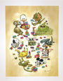 A group of cute cartoon animals and pop culture creatures build colorful block towers on a tan background. This playful scene by Scott C. is available as a signed, numbered Archival Pigment Print.