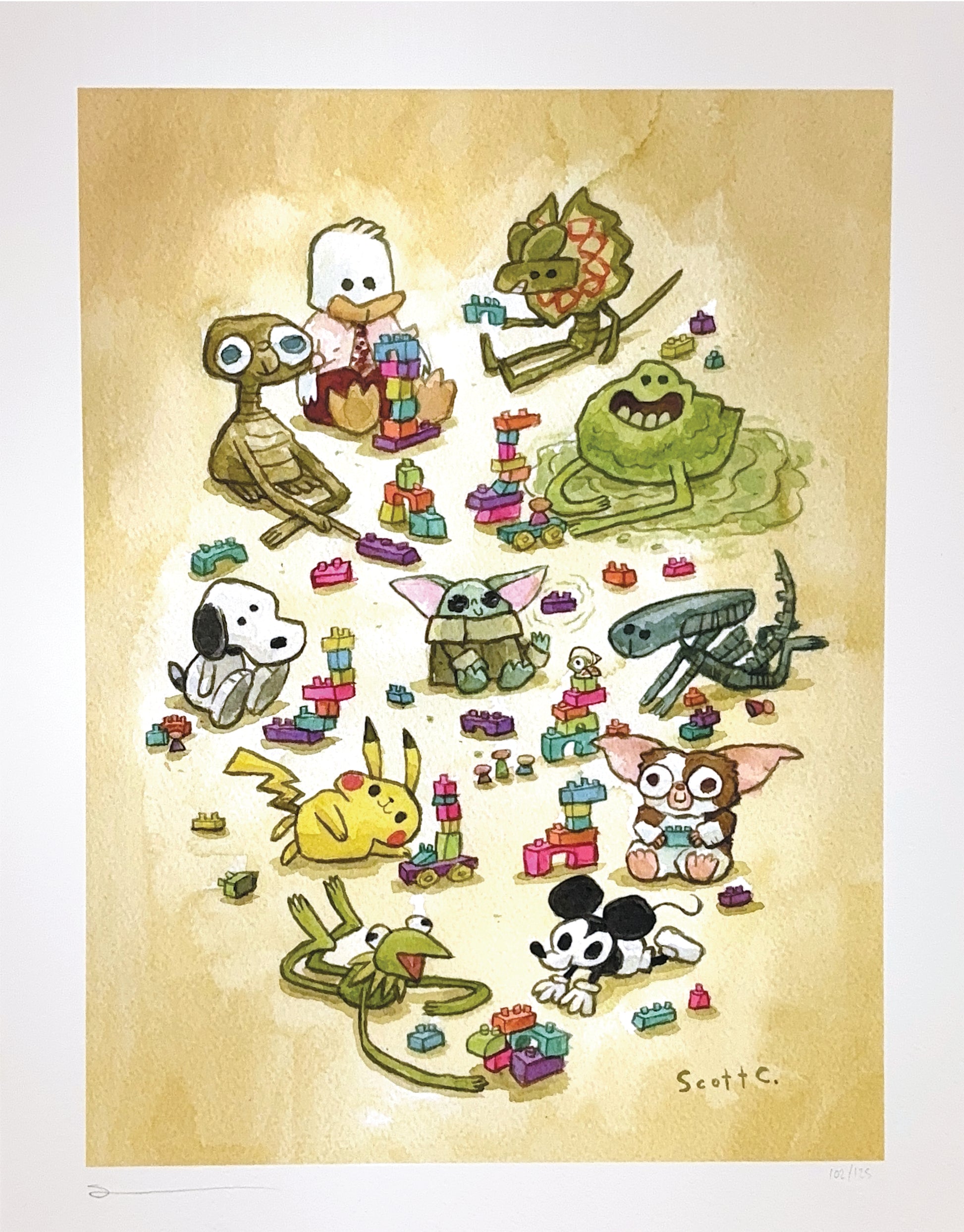 A group of cute cartoon animals and pop culture creatures build colorful block towers on a tan background. This playful scene by Scott C. is available as a signed, numbered Archival Pigment Print.