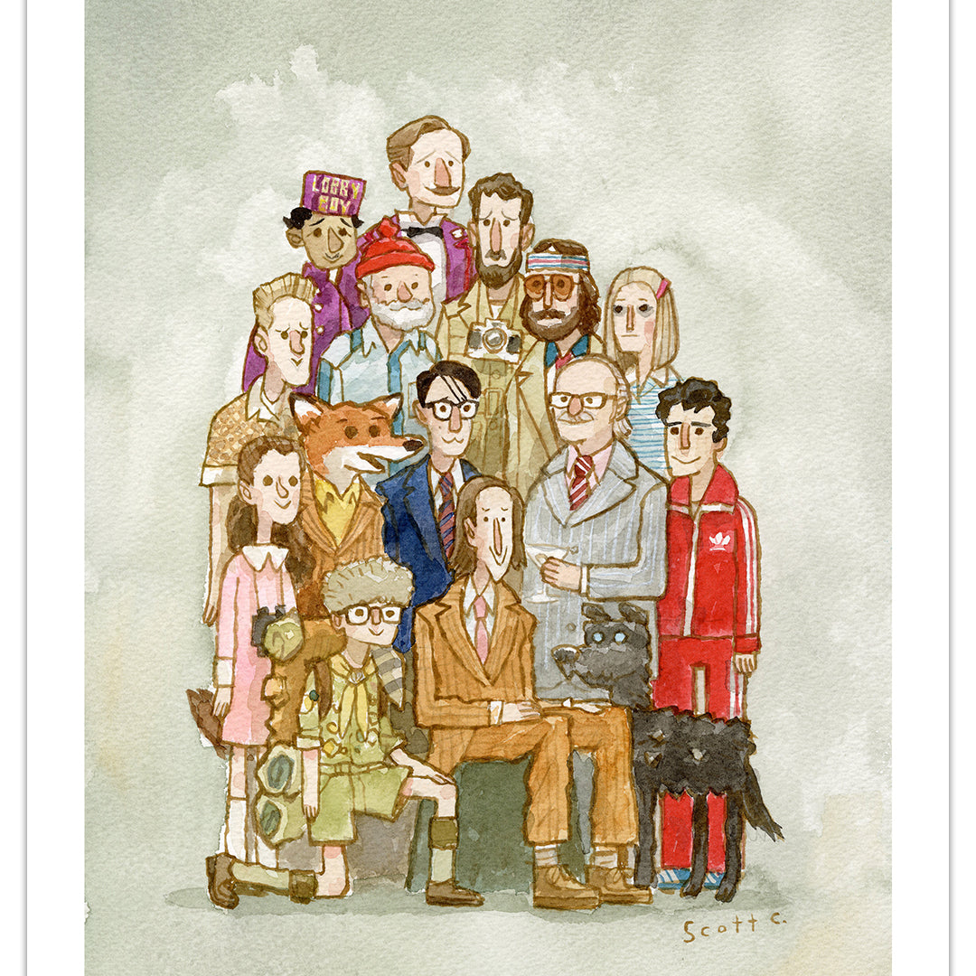 A limited edition archival pigment print by Scott C. features fourteen people and two animals in quirky, colorful outfits, smiling together in a group portrait against a pale background.