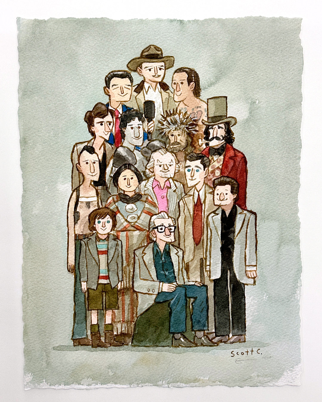 A limited edition archival pigment print by Scott C. features fifteen uniquely dressed people on a light green background, showcasing vibrant watercolor details and is signed by the artist.