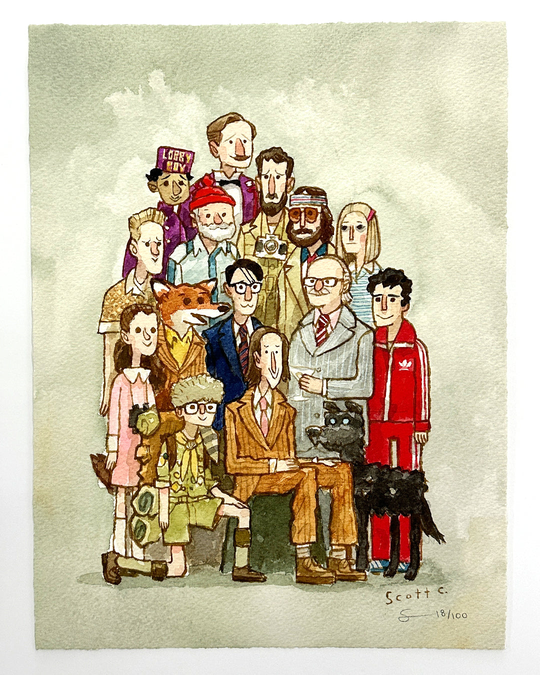 A whimsical archival pigment print by Scott C. features fourteen quirky characters, like a fox in a suit and a black dog, all in playful costumes and glasses. Available as a limited edition group portrait.