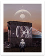 A spacesuited figure stands before a worn screen displaying a space station, with mountains and aligned celestial bodies in the twilight sky. Get this iconic signed art print by Scott Listfield.