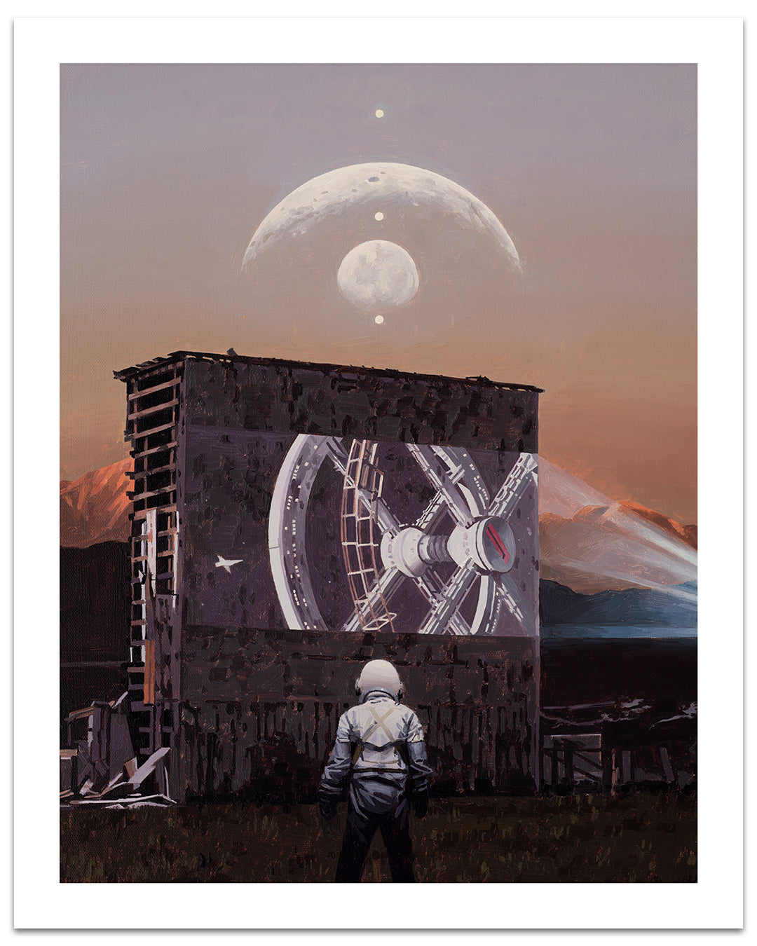 A spacesuited figure stands before a worn screen displaying a space station, with mountains and aligned celestial bodies in the twilight sky. Get this iconic signed art print by Scott Listfield.